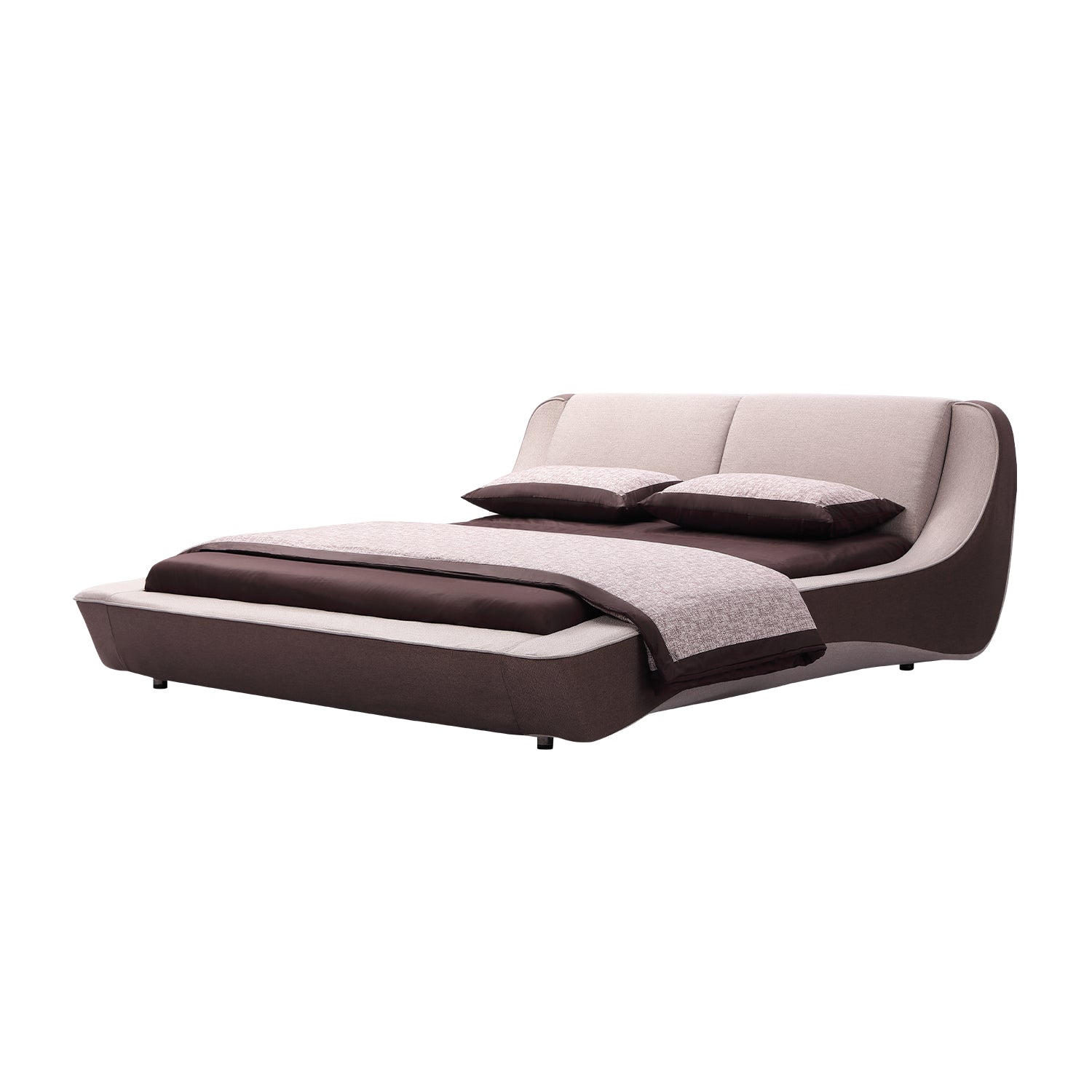 DeRUCCI bed frame model BZZ4 - 198 with beige upholstered headboard and brown leather frame, inspired by sports cars and modern design, featuring matching bedding and pillows.