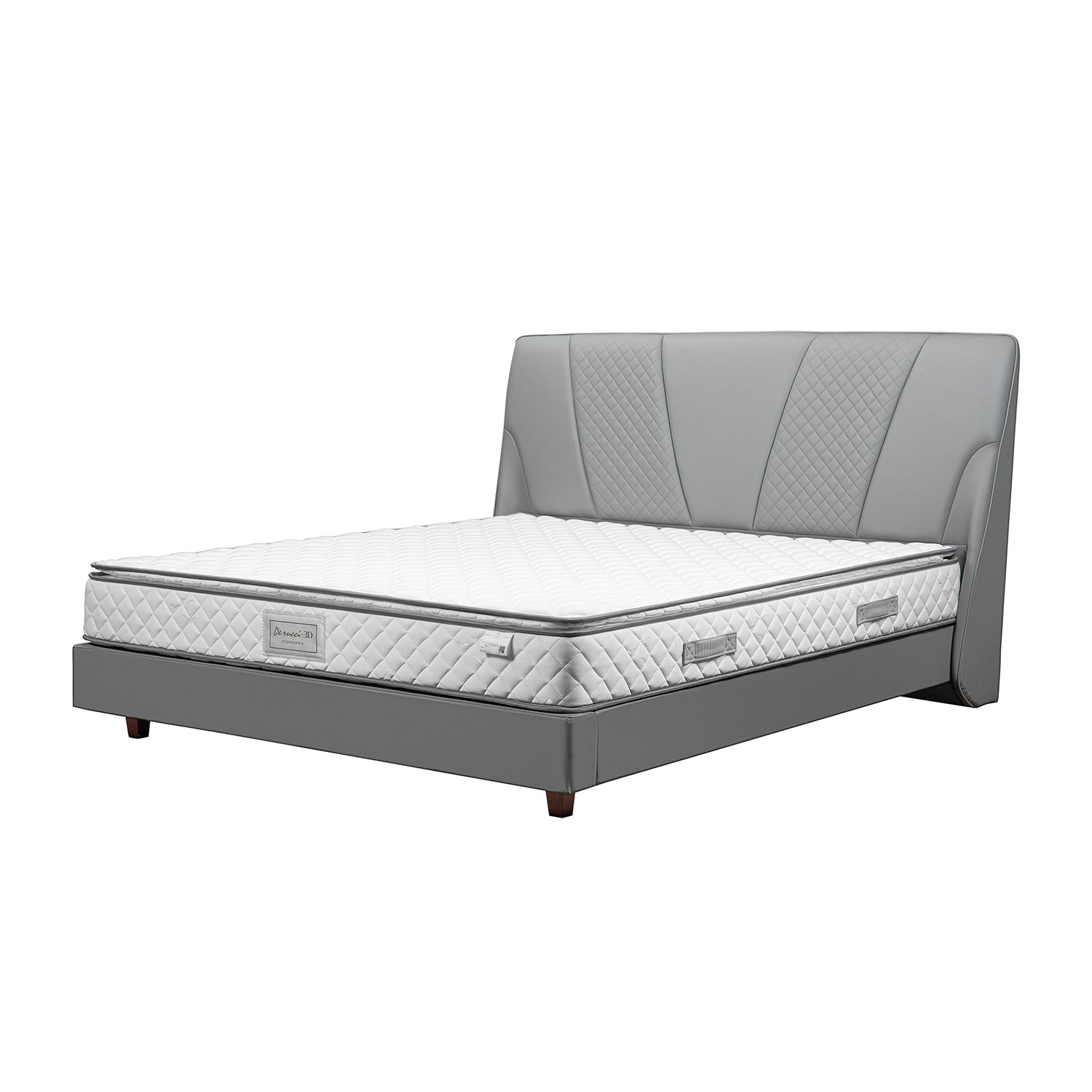 DeRUCCI bed frame BOC1 - 005 with a grey upholstered headboard and a white mattress featuring a 3-zone pocket spring system for individual support and minimal partner disturbance