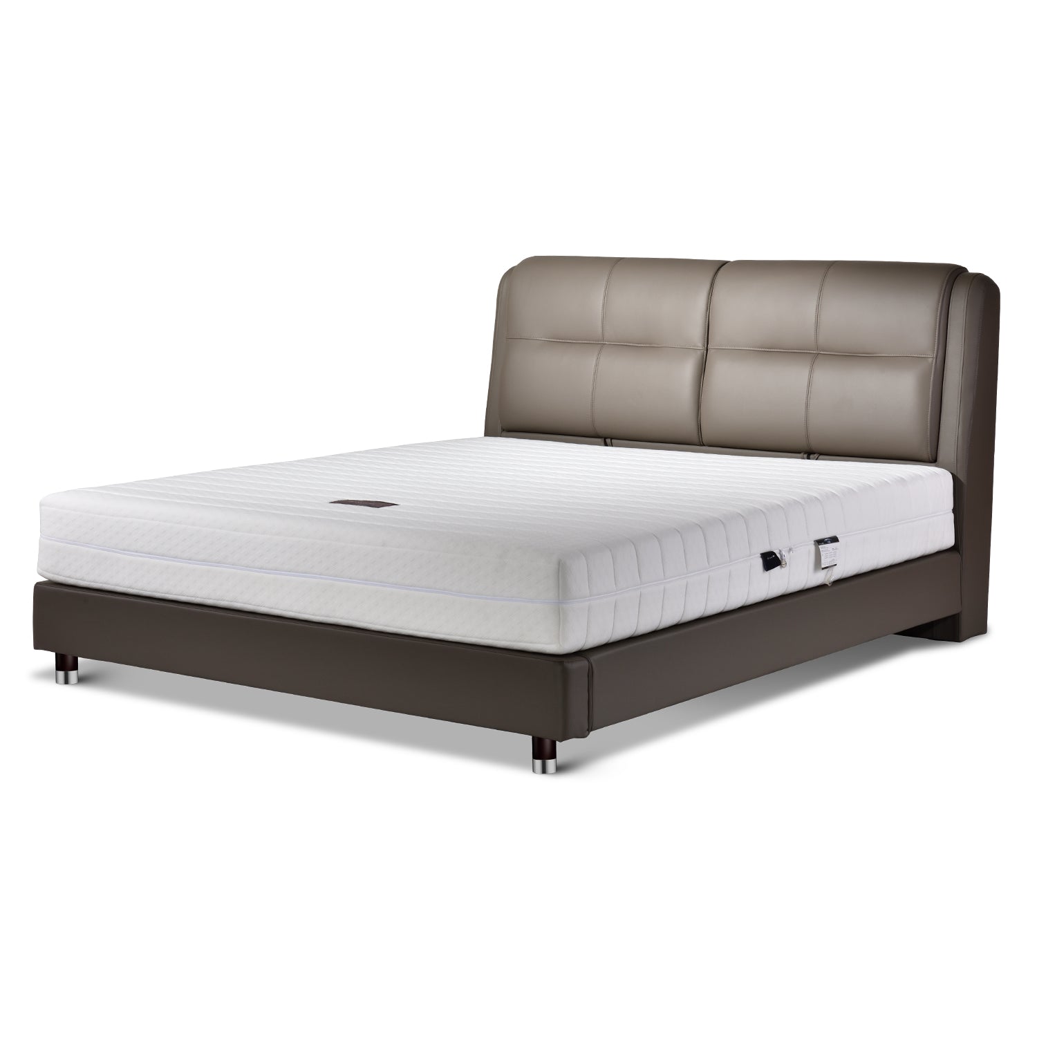 Brown leather bed frame with white mattress, minimalist design with clean lines and padded headboard, DeRUCCI bed frame BZZ4 - 243