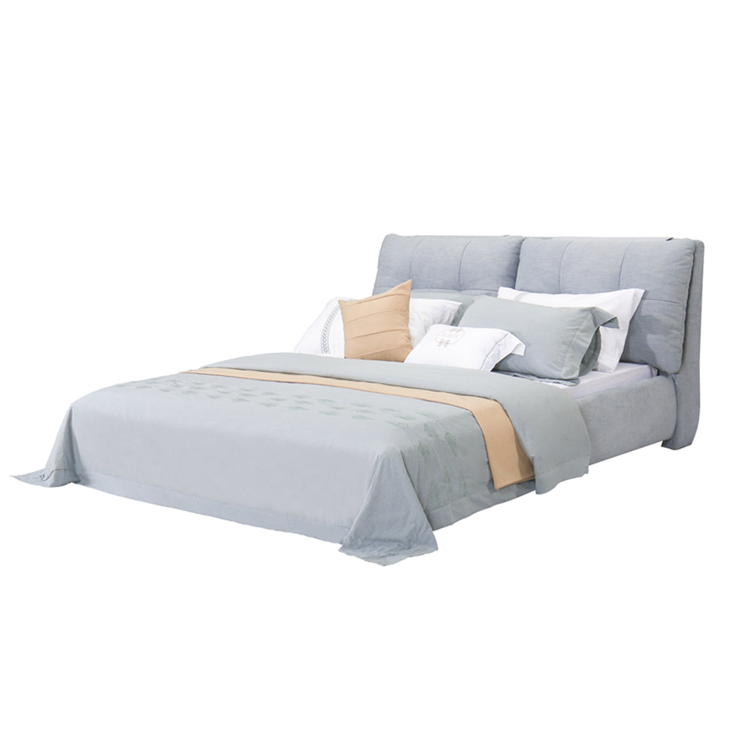 DeRUCCI Bed Frame BZZ4 - 285 in green matcha color, with light gray bed linens, beige throw blanket, and removable, washable double-sided cushion.