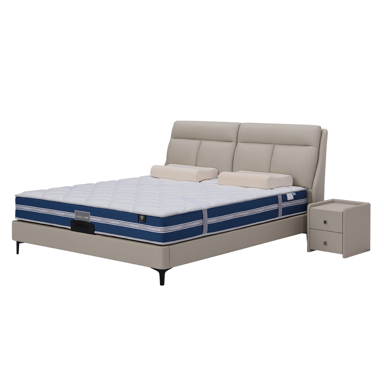 DeRUCCI bed frame model BOC1 - 002 in top layer leather and PVC with padded headboard, mattress, pillows, and matching nightstand.