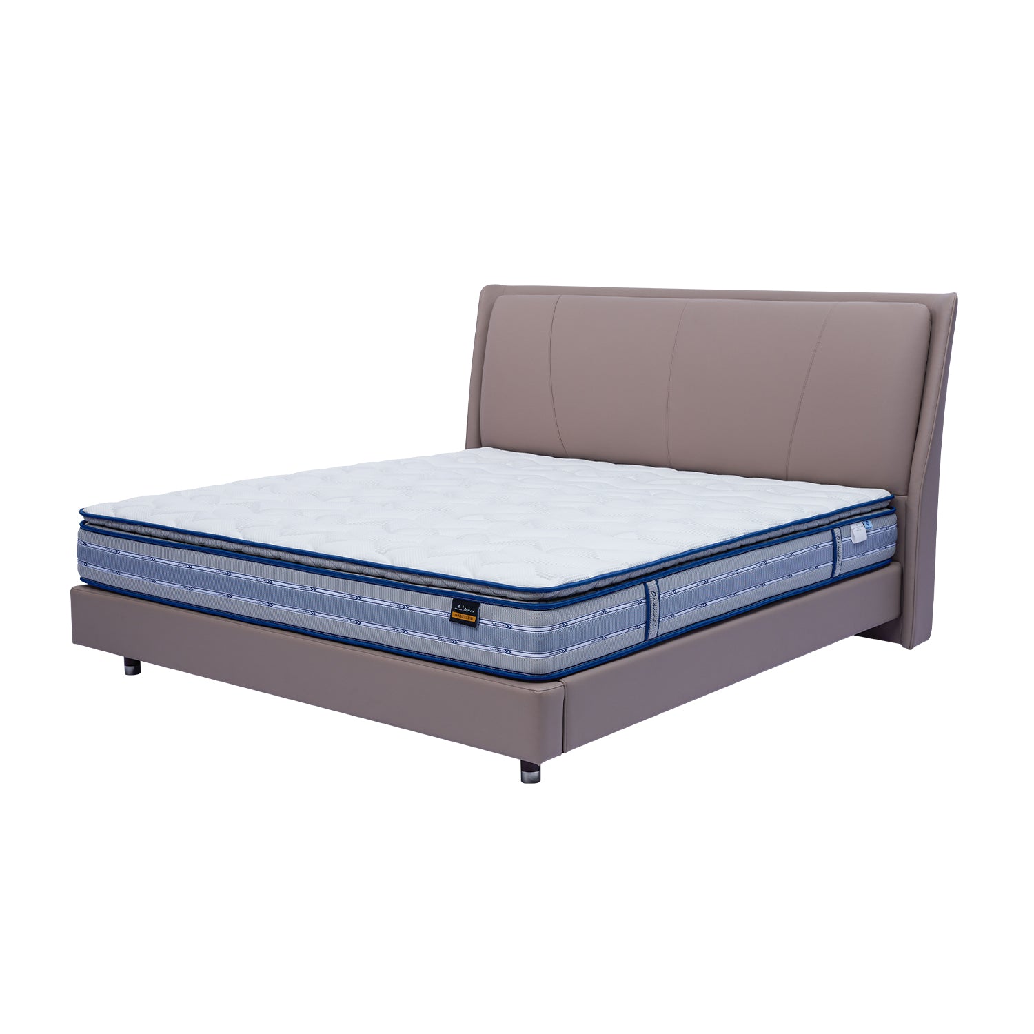 DeRUCCI Bed Frame BOC1 - 018 with gray upholstered headboard and white mattress featuring a blue border, showcasing modern, sturdy design and high-quality craftsmanship.