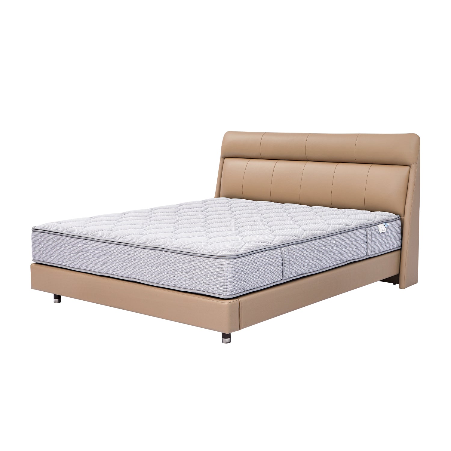 DeRUCCI BOC1-011 stylish brown leather bed frame with a grey quilted mattress, featuring a contemporary headboard design and sturdy metal legs