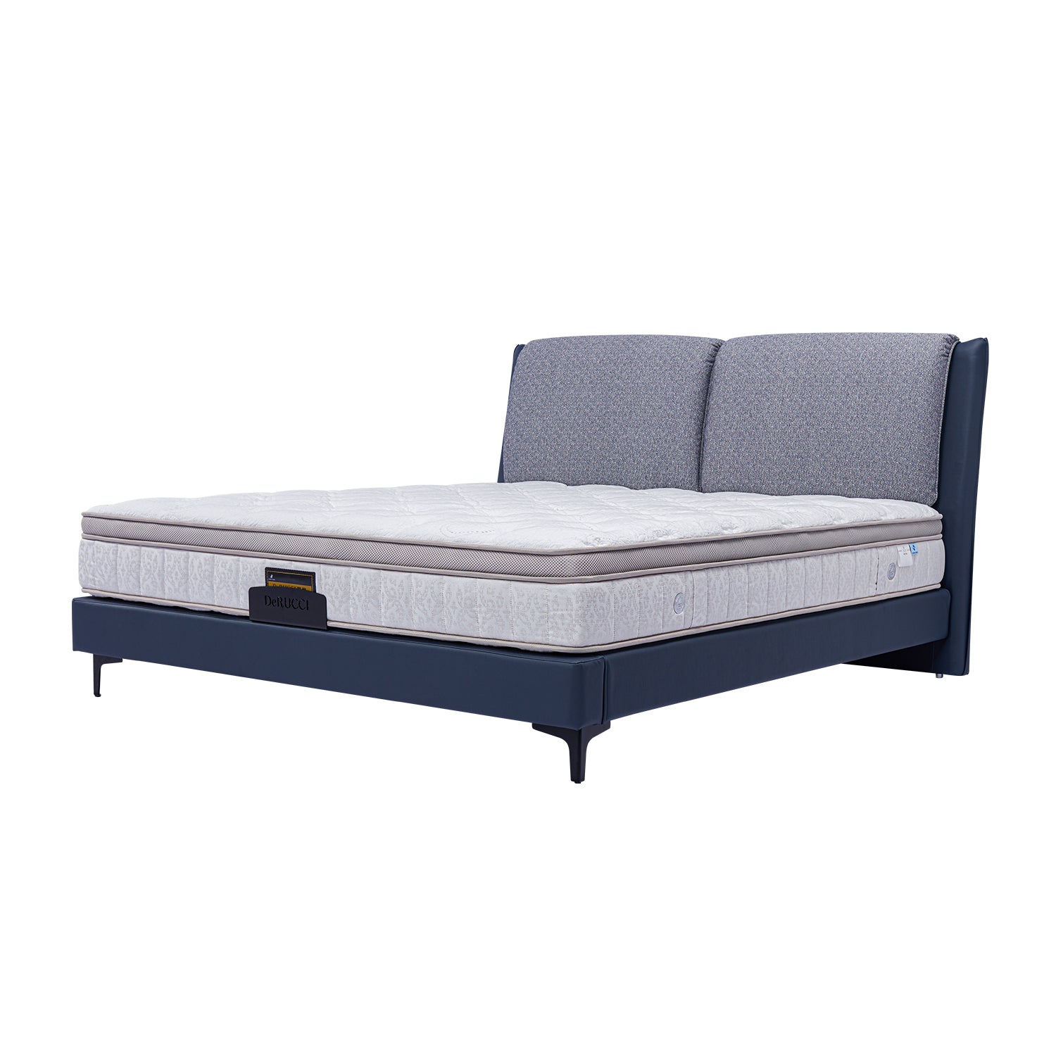 DeRUCCI Bed Frame BOC1 - 017 with navy blue frame and gray fabric headboard. Includes a white tufted mattress. Modern and elegant bedroom furniture design.