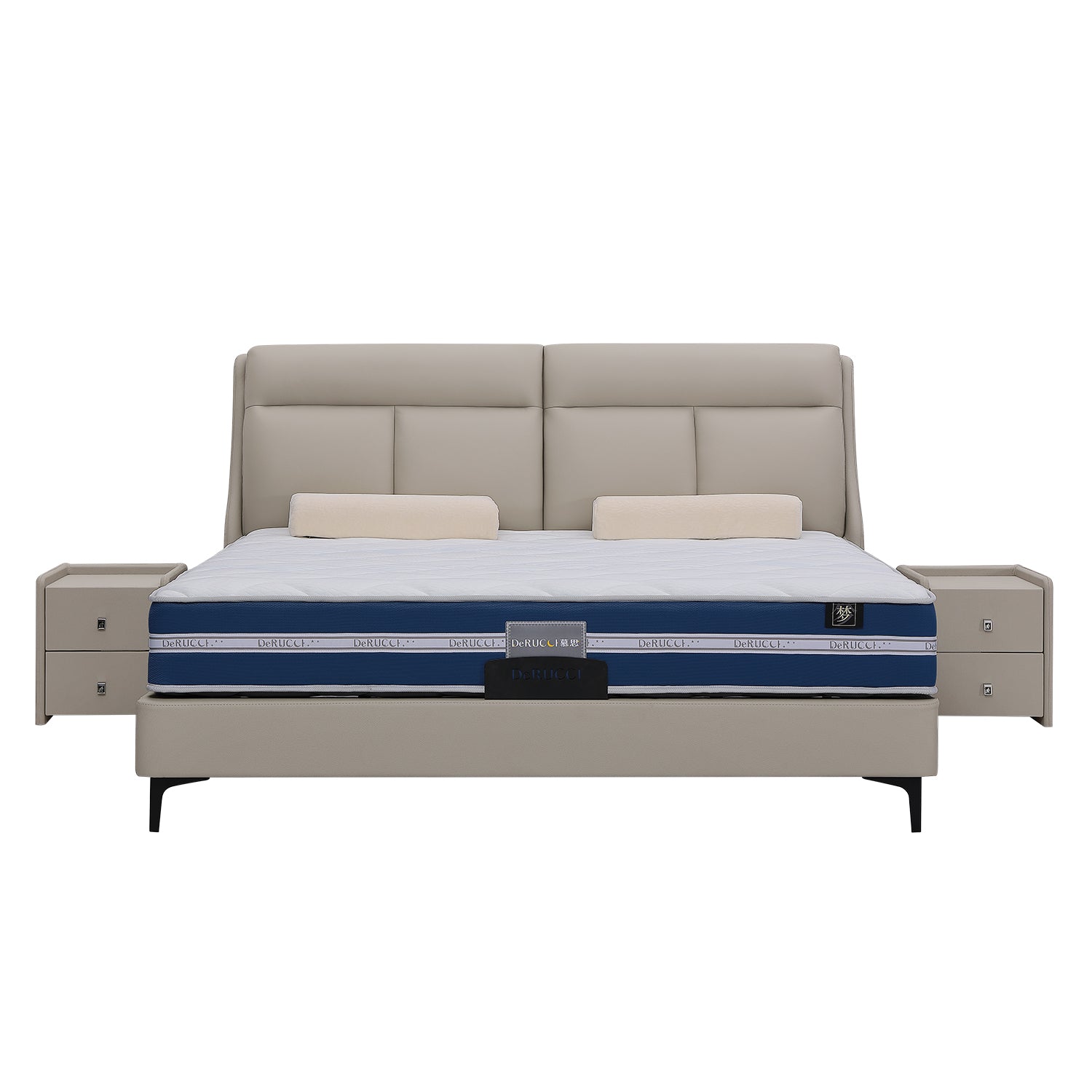 Modern beige bed frame BOC1-002 with upholstered headboard, blue mattress, and matching beige nightstands with drawers