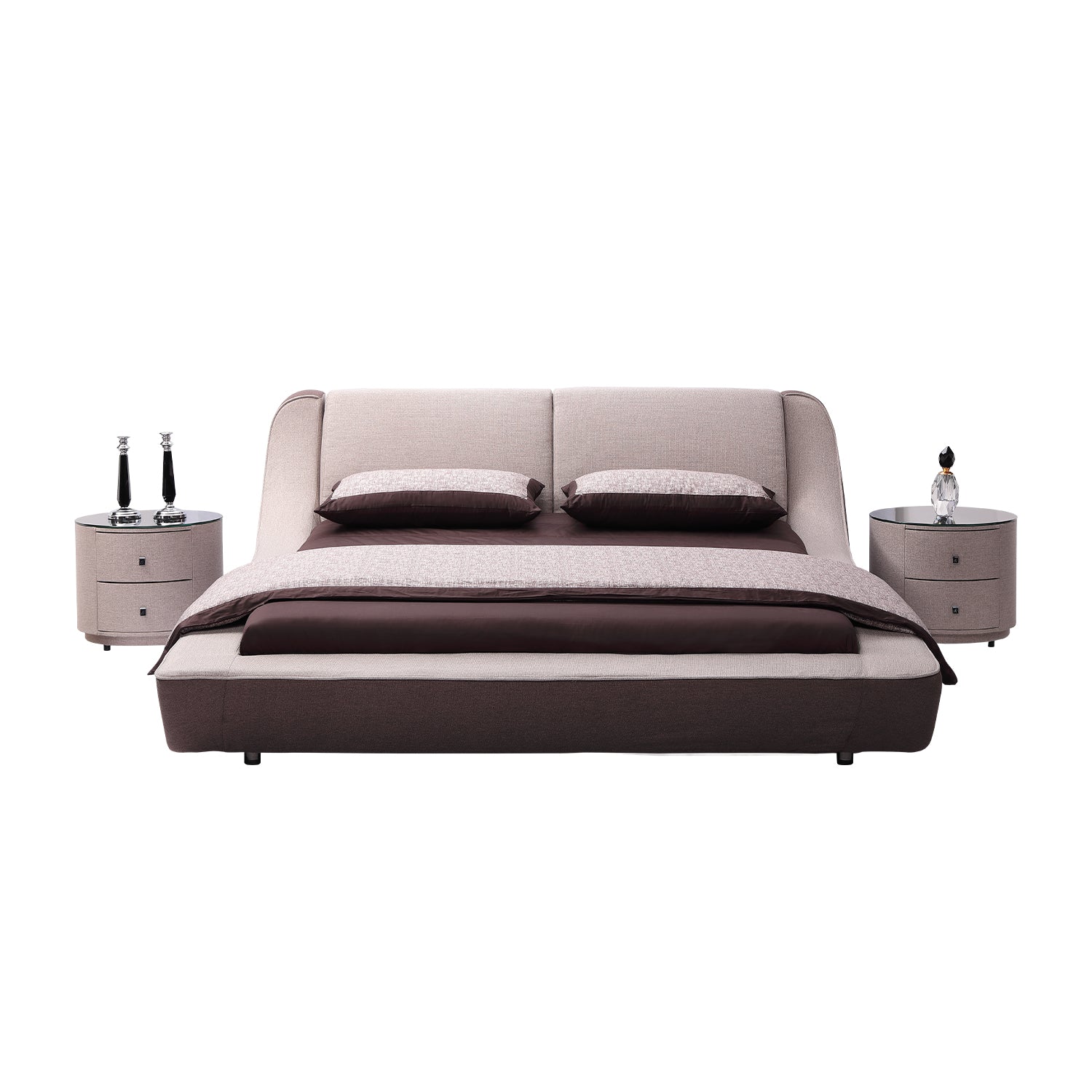 Modern beige and dark brown bed frame with matching fabric headboard and nightstands. Includes pillows and blanket. DeRUCCI high-quality bedroom furniture.