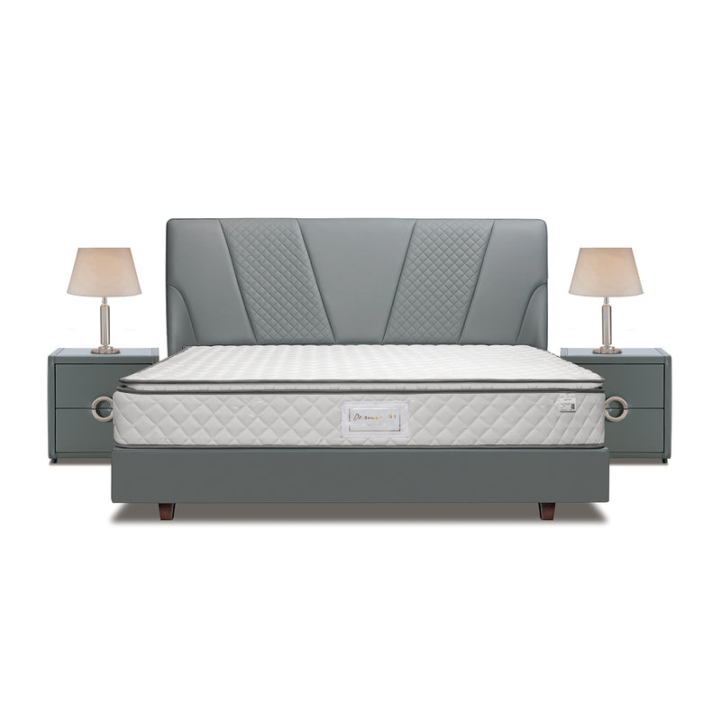 DeRUCCI Bed Frame BOC1 - 005 with grey upholstered headboard, quilted mattress, and matching bedside tables with lamps. Modern bedroom furniture.