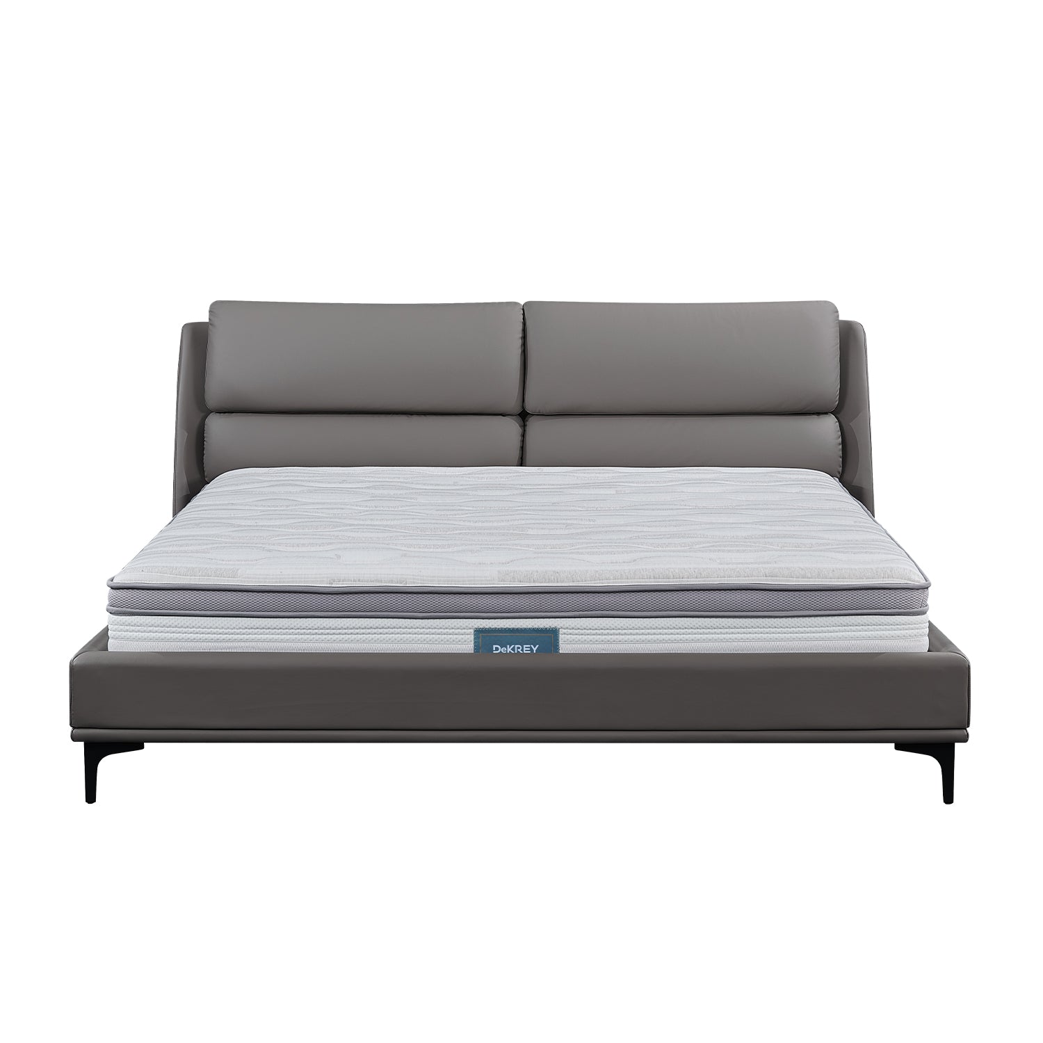 Gray leather bed frame with high padded headboard and white mattress