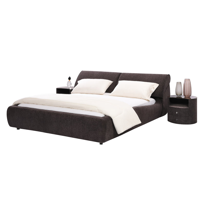 Dark fabric bed frame BZZ4 - 117 with light bedding and matching circular nightstands, featuring a thick cushion for back and shoulder support.