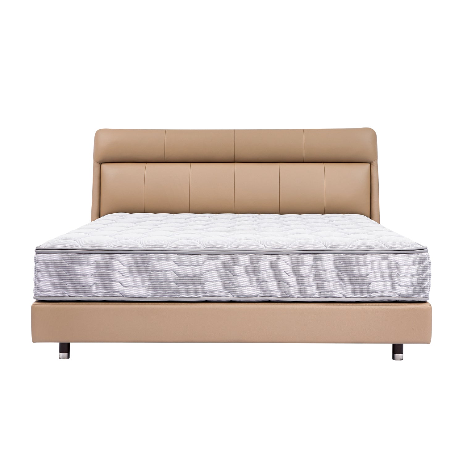 Beige leather bed frame with padded headboard and white quilted mattress, suitable for bedrooms with modern decor