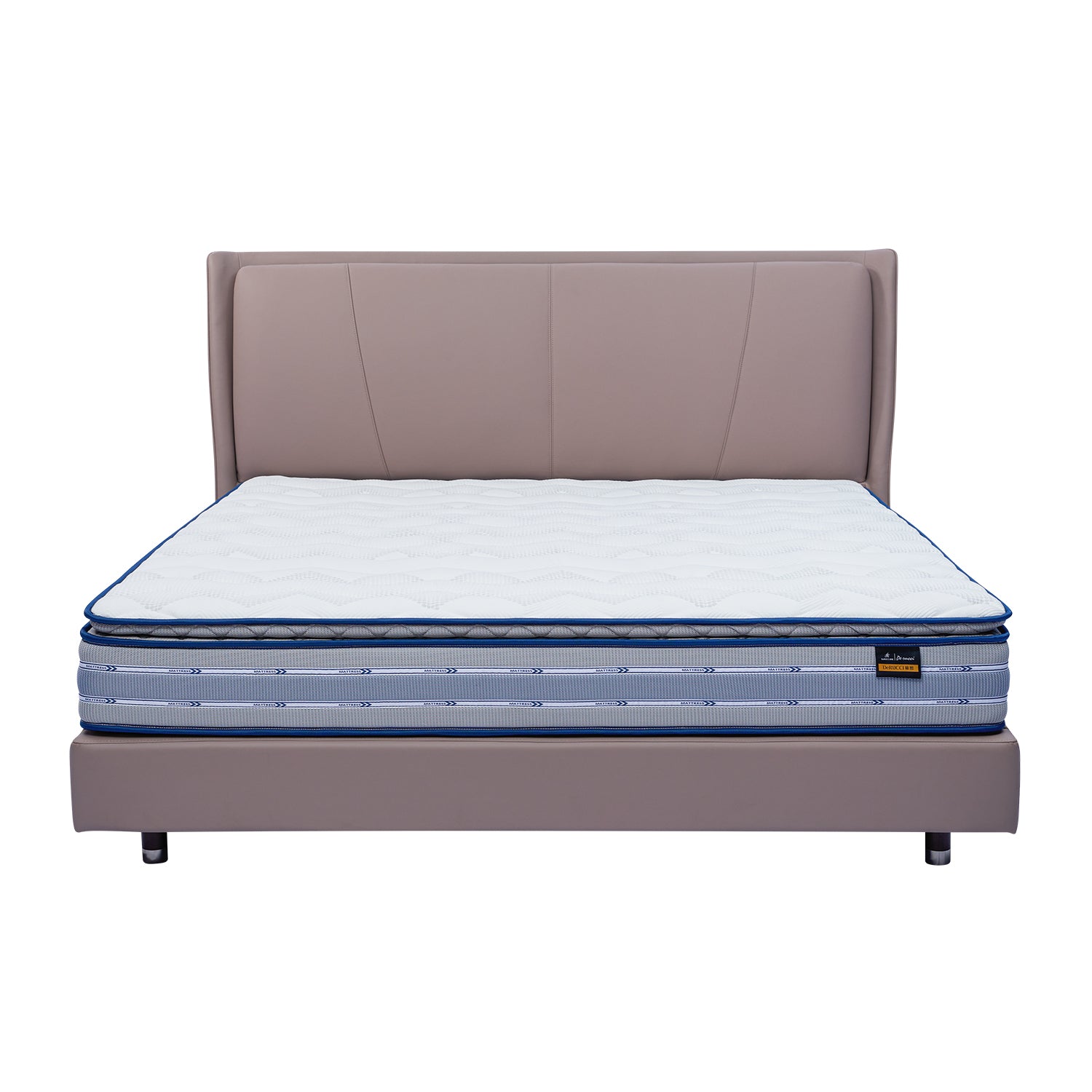 DeRUCCI Bed Frame BOC1 - 018 with light brown upholstered leather headboard and high-quality mattress featuring a white top and blue sides