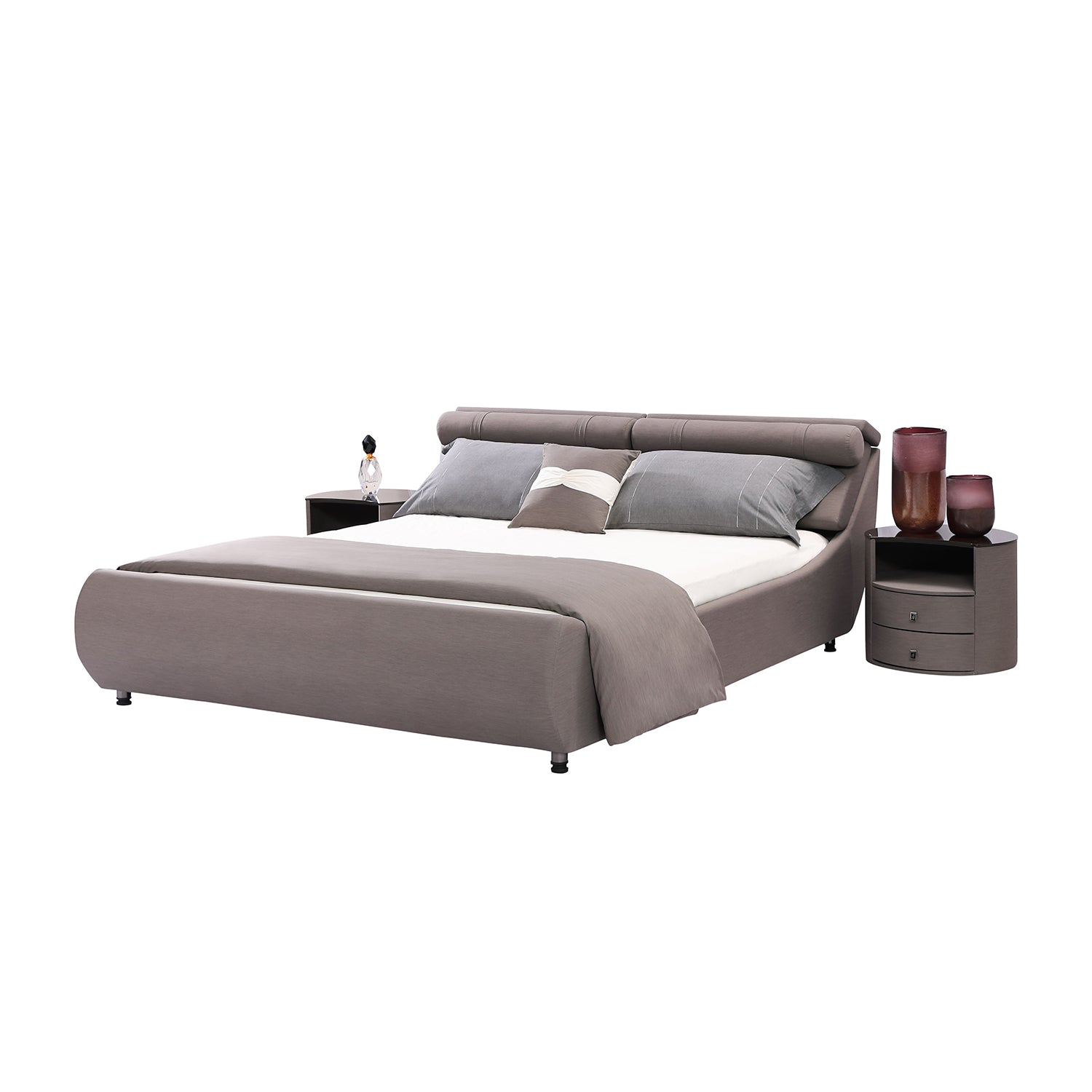 DeRUCCI Bed Frame BZZ4 - 093C in sleek grey fabric with grey and white bedding, complemented by rounded nightstands with modern lamps and vases.