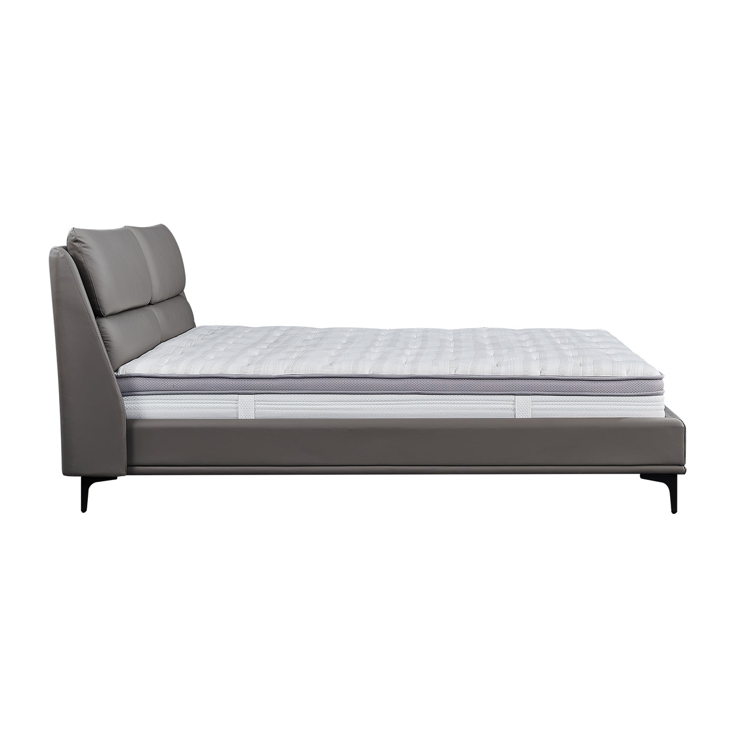DeRUCCI Bed Frame BOC1 - 019, side profile view with gray leather frame, padded headboard, and mattress.