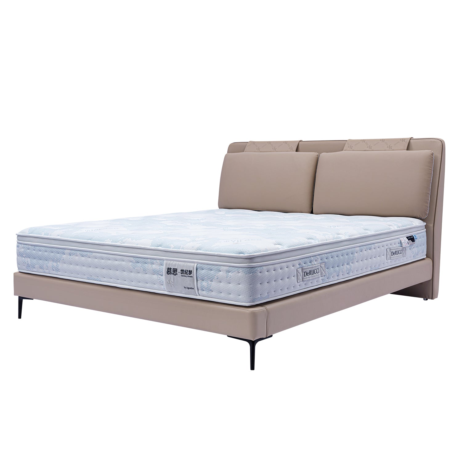 DeRUCCI Bed Frame BOC1 - 006 with light tan upholstered headboard and neutral grey mattress.
