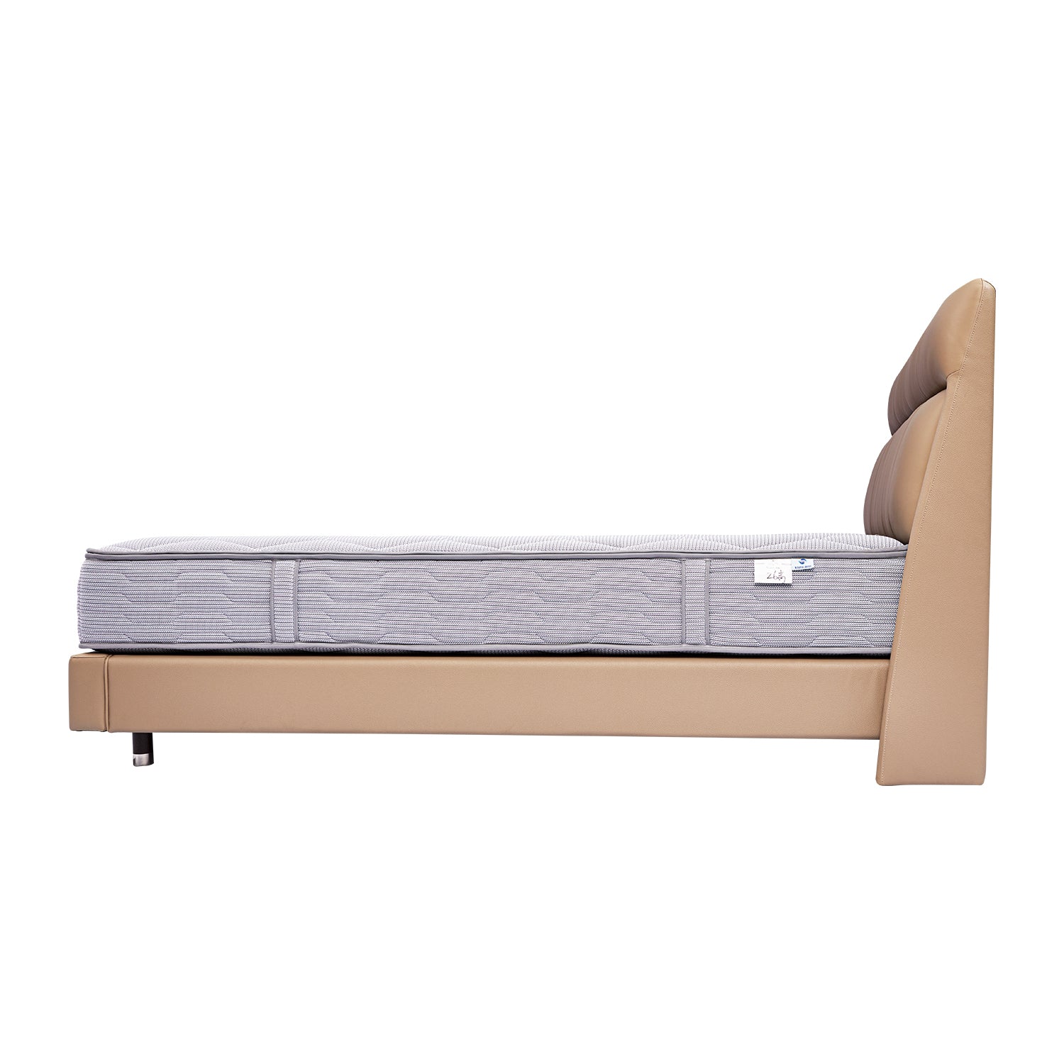 Side view of DeRUCCI Bed Frame BOC1 - 011 with beige upholstered frame and grey mattress