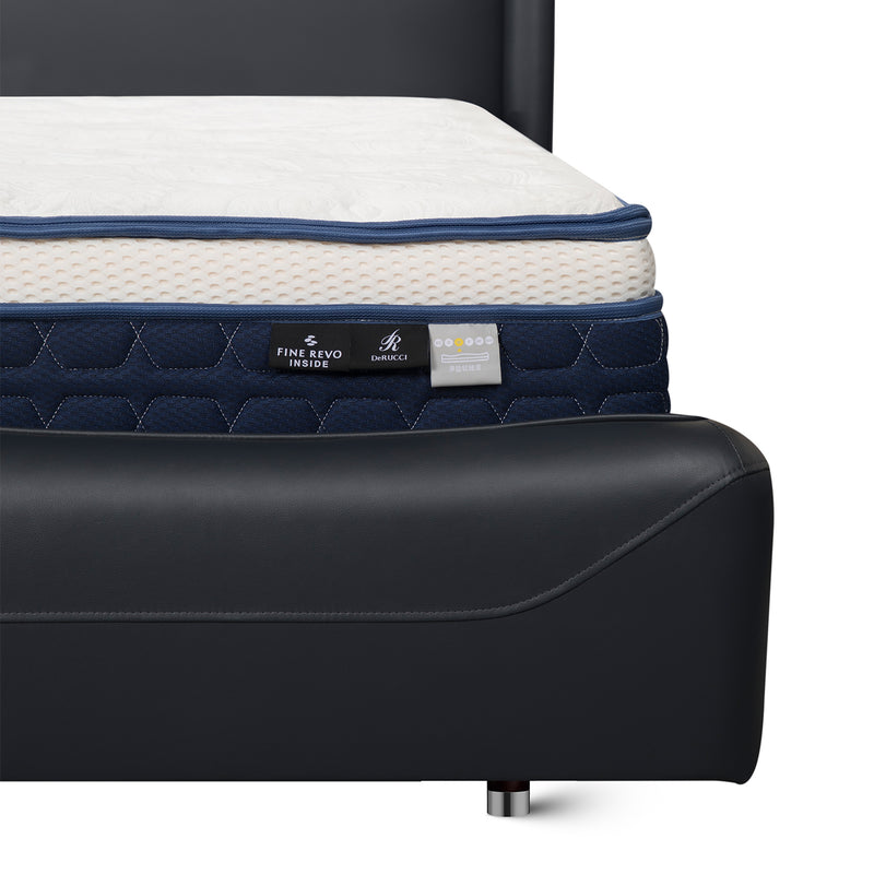 Close-up of black leather bed frame with chrome leg and white mattress featuring blue border from DeRUCCI's BZZ4 - 201 collection.