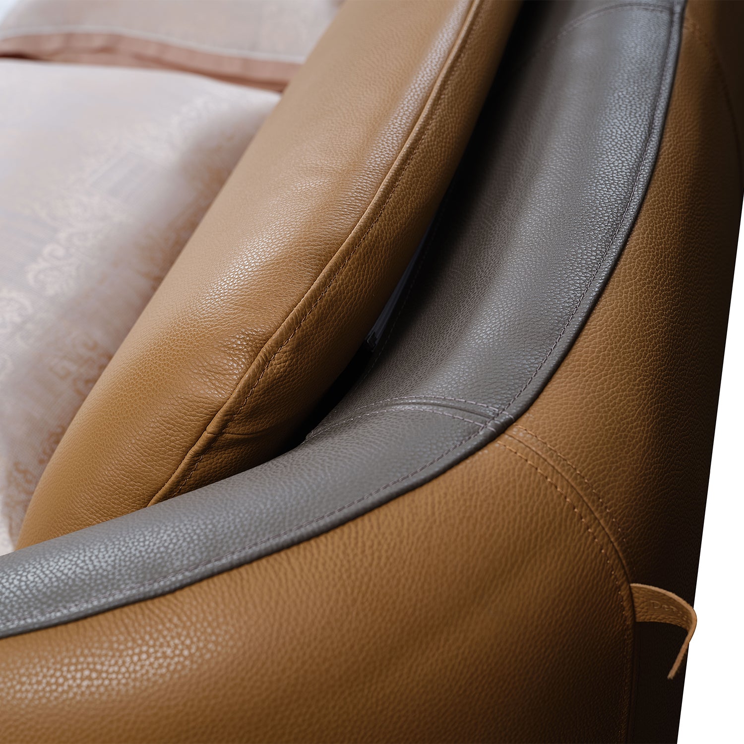 Close-up of DeRUCCI Bed Frame BZZ4-090 featuring bold orange and ash gray leather upholstery with detailed stitching.
