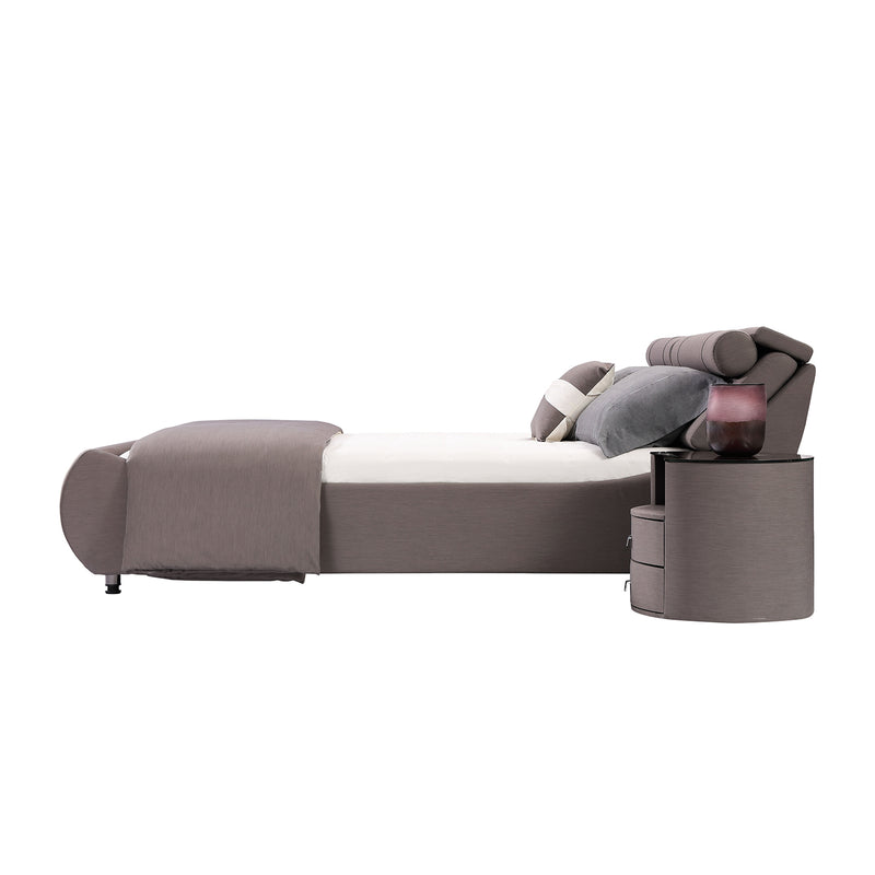 Grey fabric upholstered bed frame with matching nightstand and grey and white pillows, demonstrating modern design and comfort in DeRUCCI's Bed Frame BZZ4 - 093C.