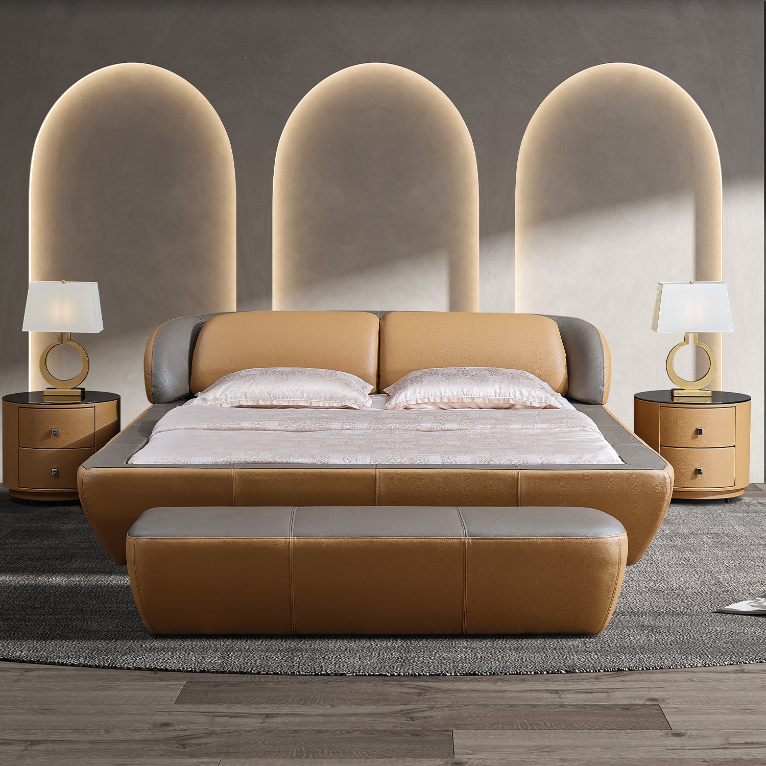 Bed Frame BZZ4-090 in bold orange and ash gray color scheme, flanked by two nightstands with modern table lamps, and three arched niches in the background, creating a luxurious and elegant bedroom setup.