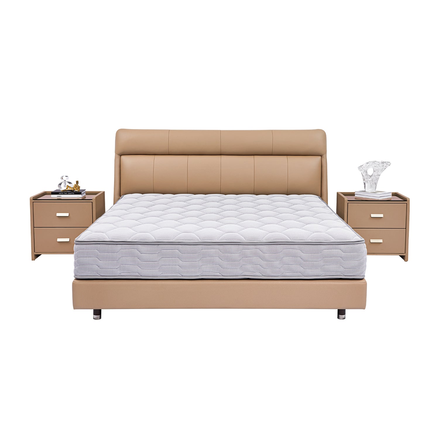 DeRUCCI beige leather bed frame BOC1 - 011 with white mattress and matching bedside tables
