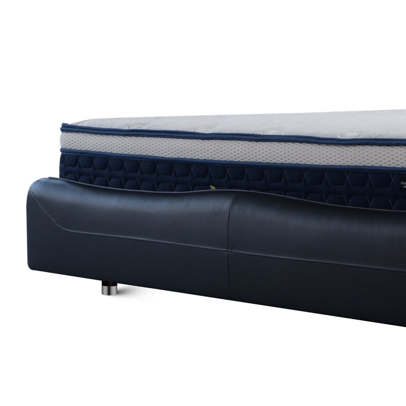 Close-up of modern deep sea blue leather bed frame BZZ4 - 201 by DeRUCCI, featuring high elastic sponge filling for bump protection.