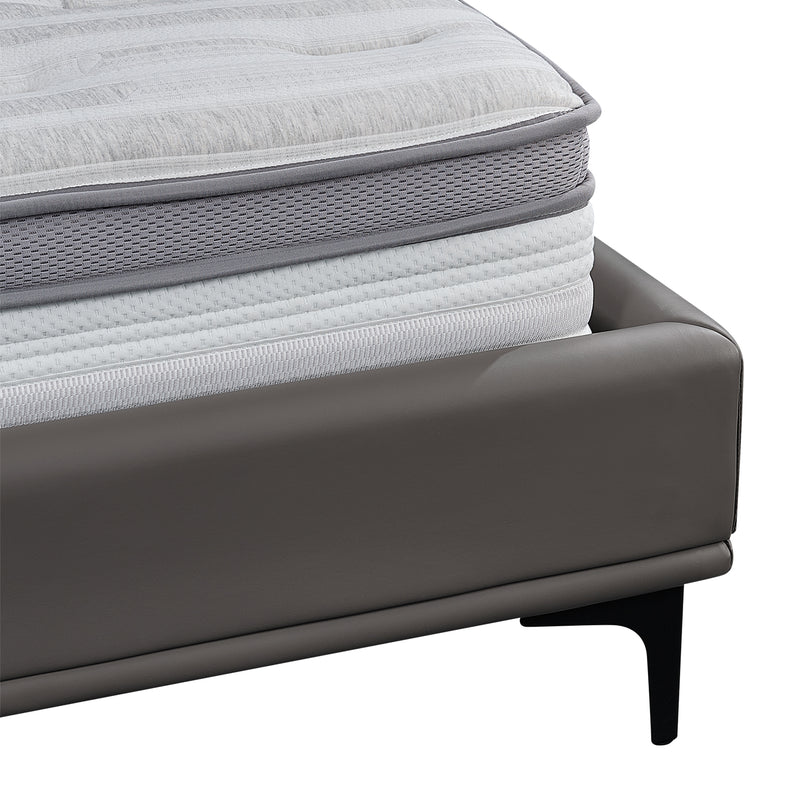 Close-up view of Bed Frame BOC1 - 019 with a grey leather finish and a thick, layered mattress showcasing multiple textures.