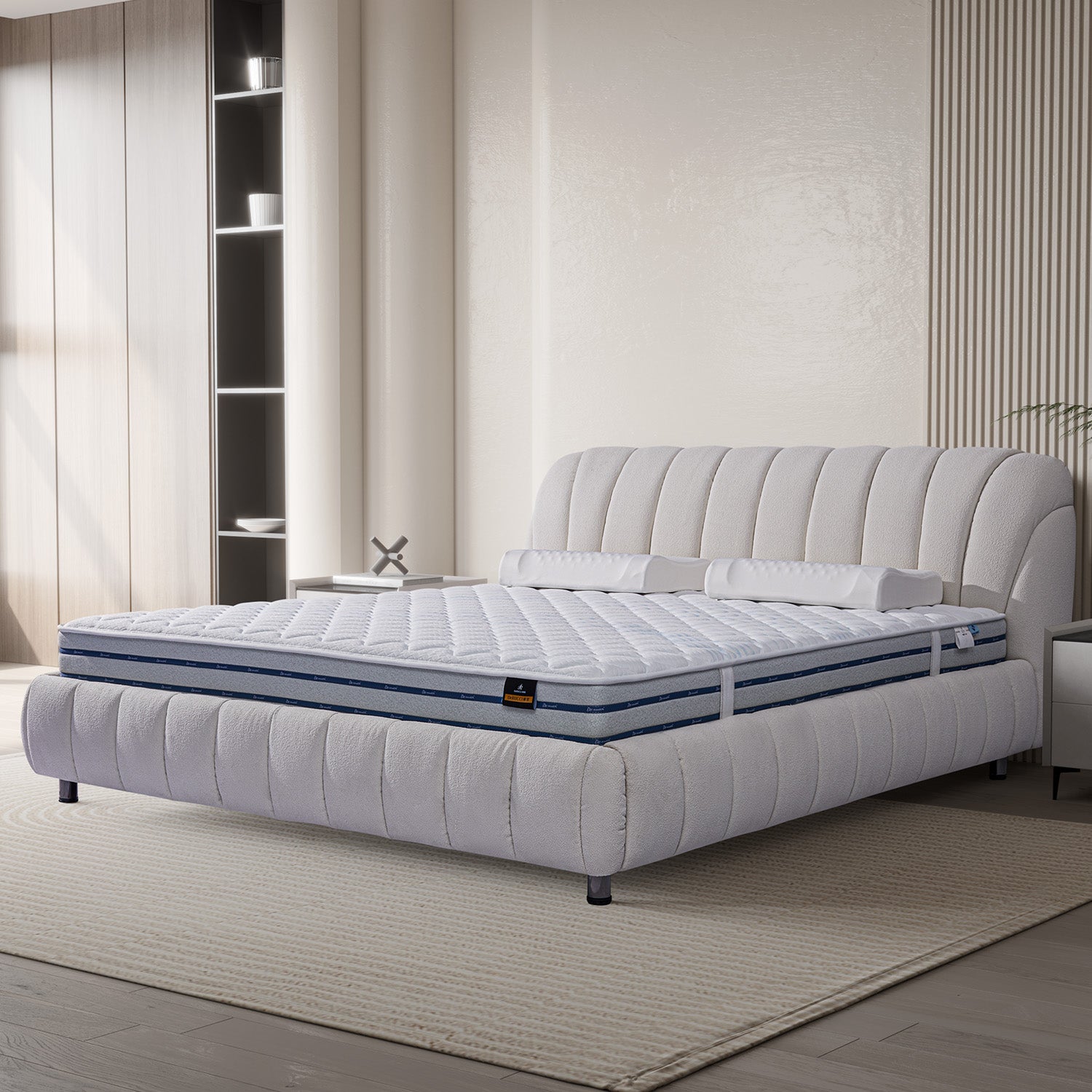 DeRUCCI BOC1 - 015 bed frame upholstered in white fabric with padded, tufted headboard, showcasing modern bedroom setup with beige rug and shelving unit.