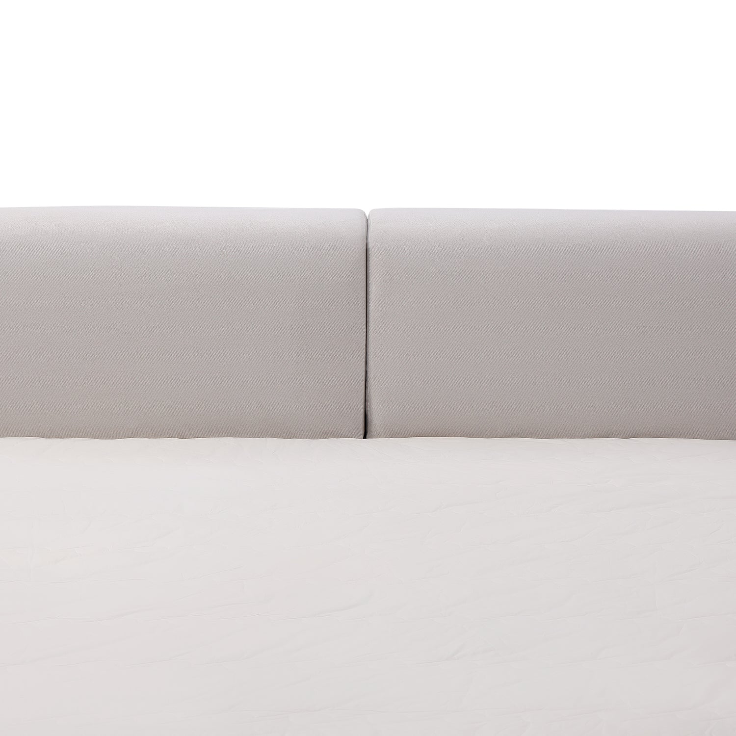 Close-up of DeRUCCI's white fabric bed frame headboard with sleek rectangular panels and minimalist design