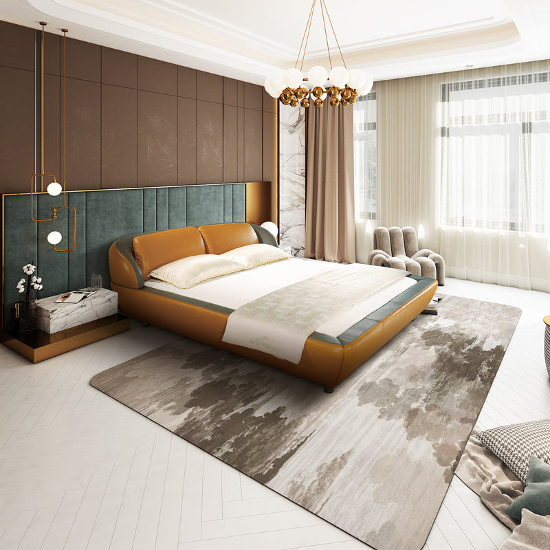 DeRUCCI's Bed Frame BZZ4-090 in a bold orange and ash gray colour scheme, set in a modern bedroom with a chic chandelier, plush carpets, and elegant furniture, bathed in natural light.