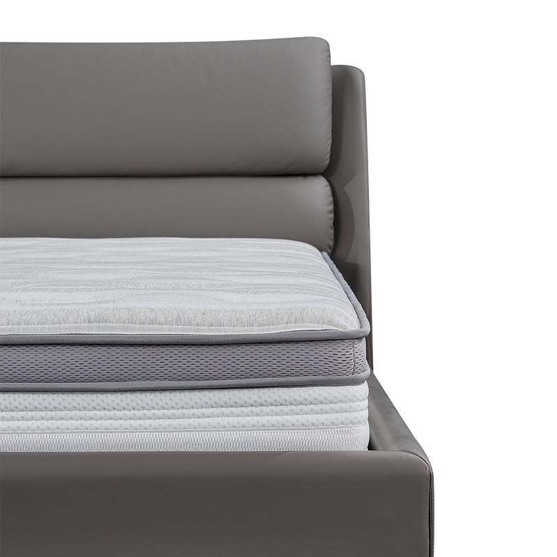 Close-up of DeRUCCI Bed Frame BOC1 - 019 featuring a gray leather frame and a thick plush mattress, showcasing modern and sleek bedroom furniture design.
