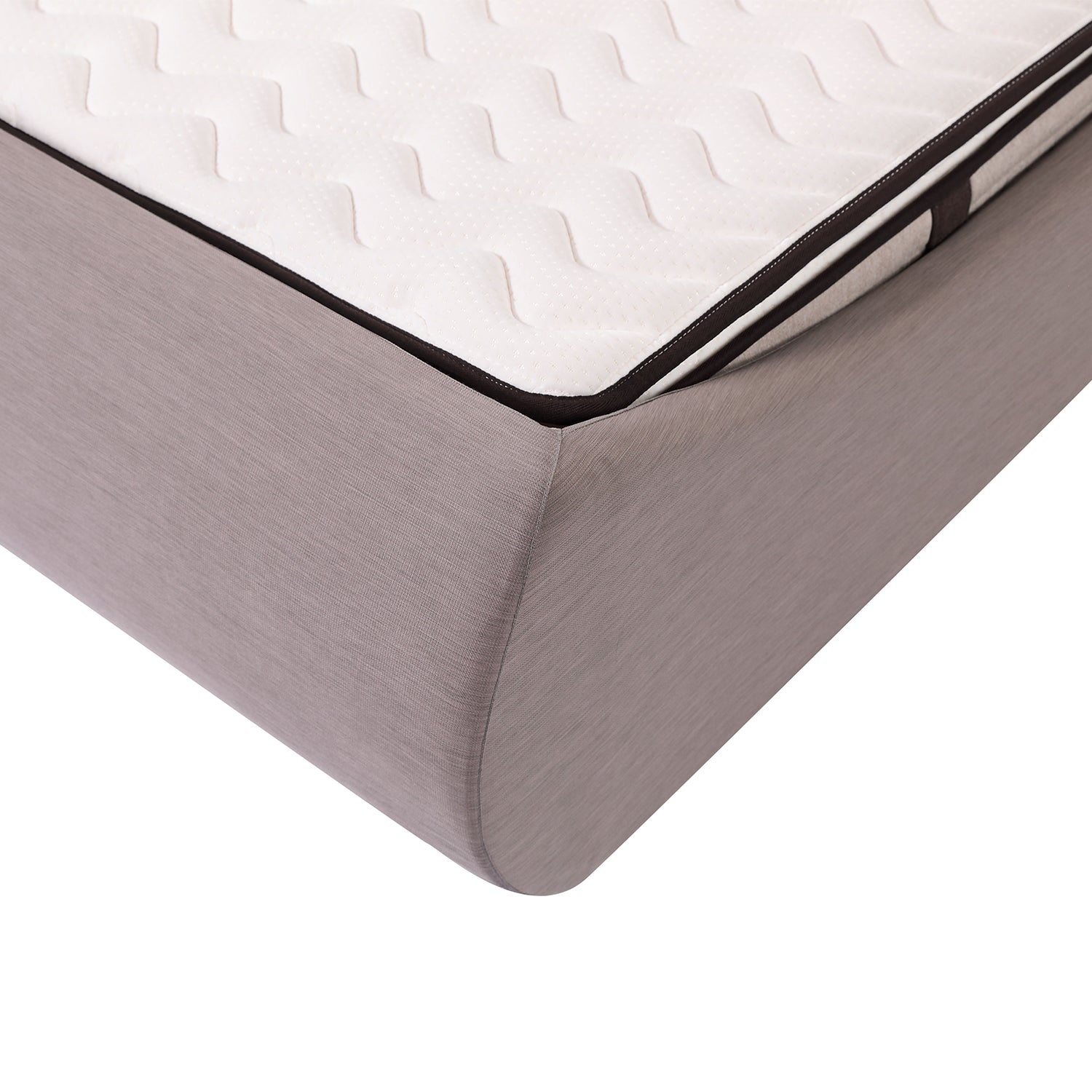 Close-up of DeRUCCI bed frame BZZ4 - 093C featuring sleek, streamlined design with white fabric mattress and grey fabric corner.