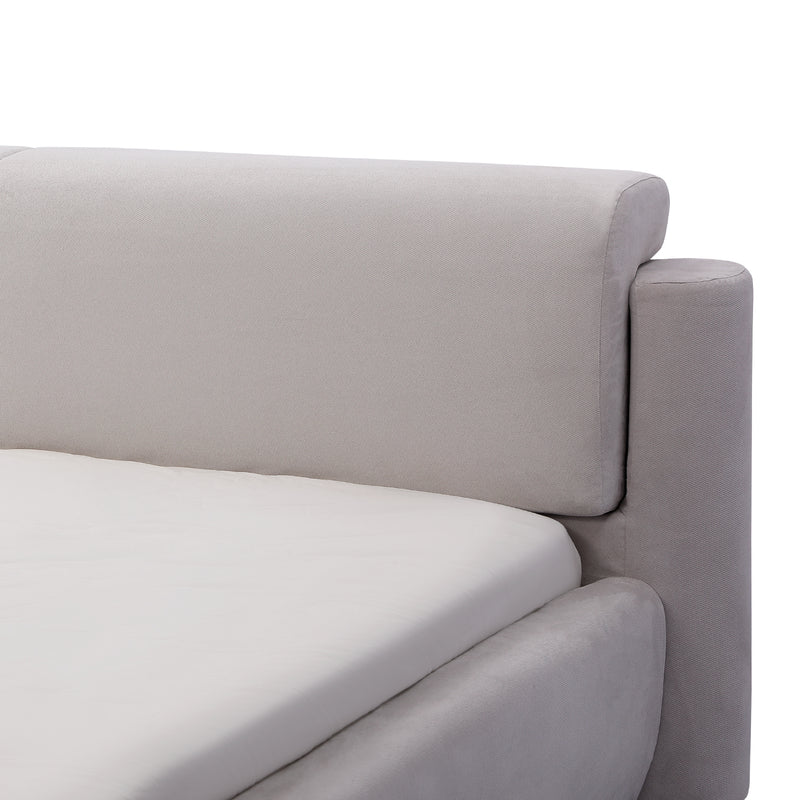 Close-up of the modern minimalist Bed Frame BZZ4 - 082 with light gray upholstery and clean lines, part of DeRUCCI's stylish bed frame collection.