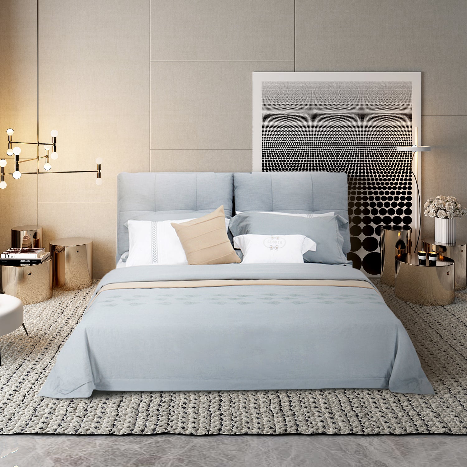DeRUCCI Bed Frame BZZ4-285 in modern bedroom with gray upholstered headboard, beige and white pillows, patterned rug, contemporary lighting, and large abstract art piece.