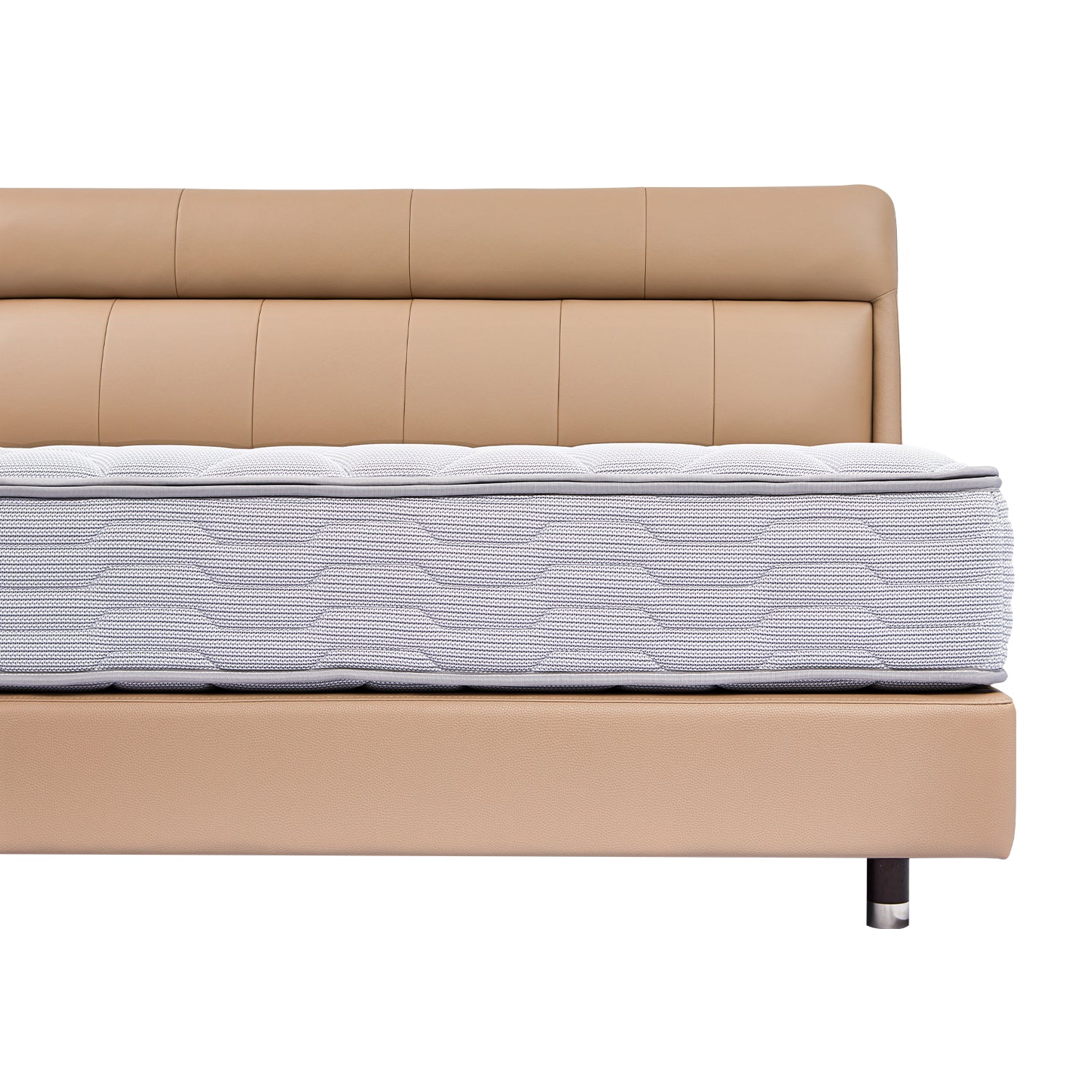 Beige leather bed frame BOC1 - 011 with mattress, featuring sleek and modern design from DeRUCCI