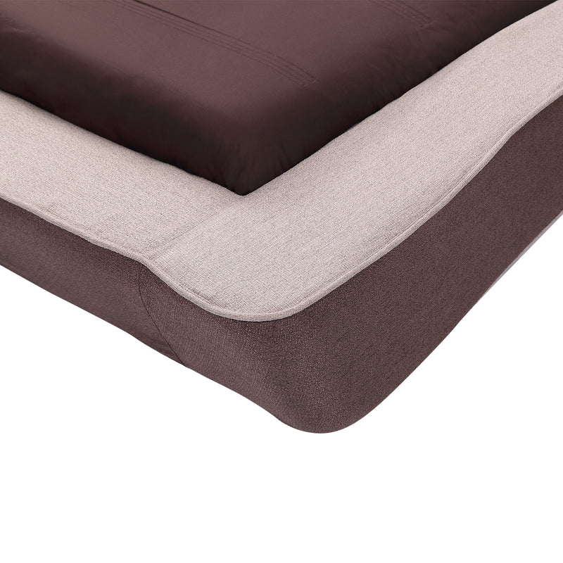 Close-up of DeRUCCI bed frame BZZ4-198 corner showcasing dark brown and light beige fabric materials, emphasizing sturdy and high-quality craftsmanship.