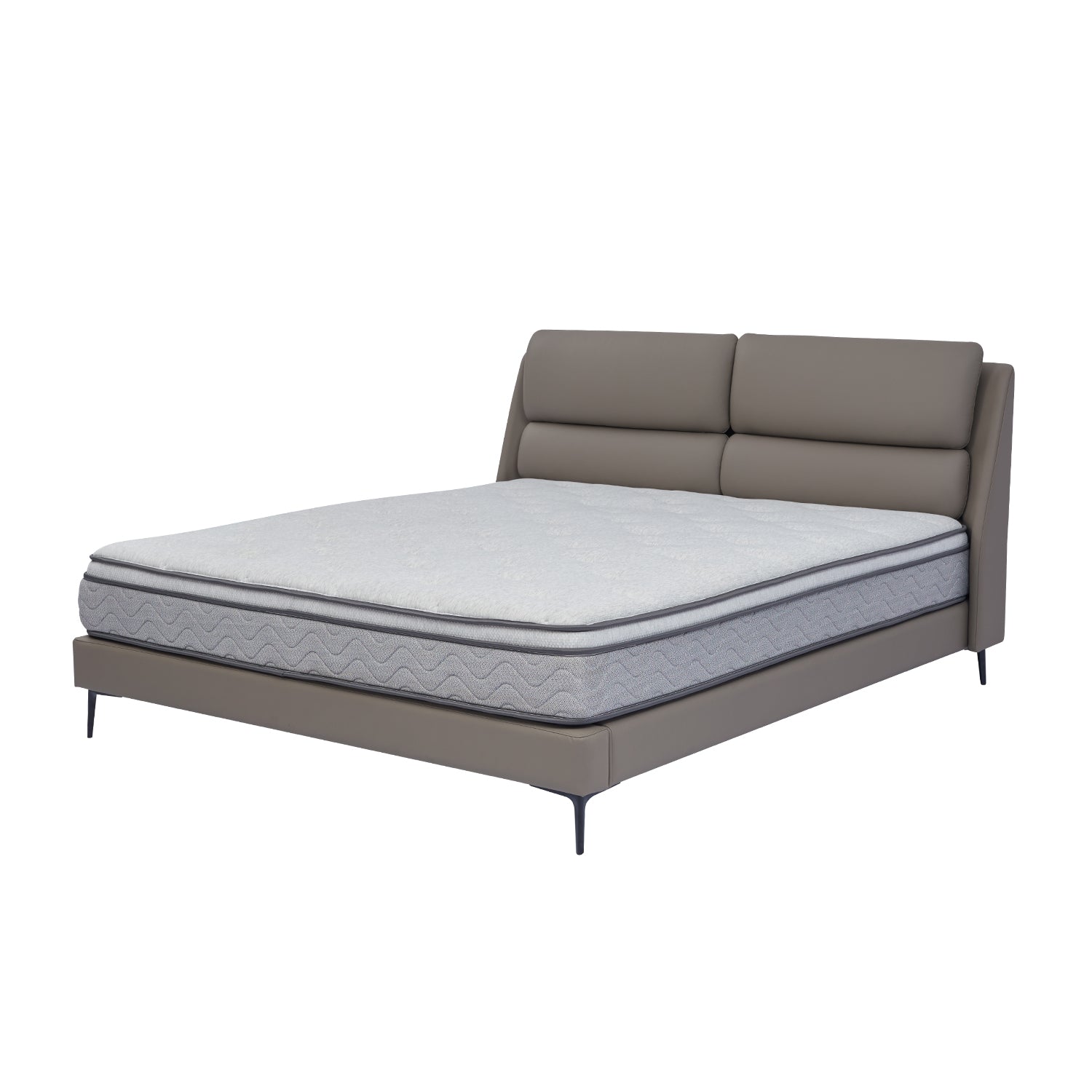 Modern bed frame BOC1-019 with grey upholstered headboard and high-quality mattress from DeRUCCI, featuring slim black legs and matching grey fabric or leather upholstery.