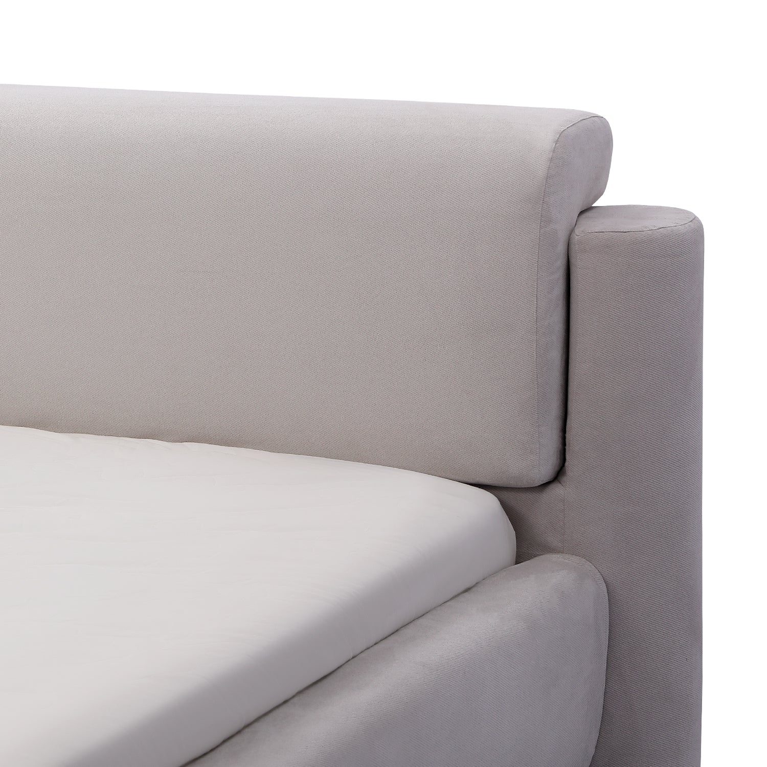 Close-up of DeRUCCI Bed Frame BZZ4 - 082 with grey fabric upholstery and modern minimalist design elements.