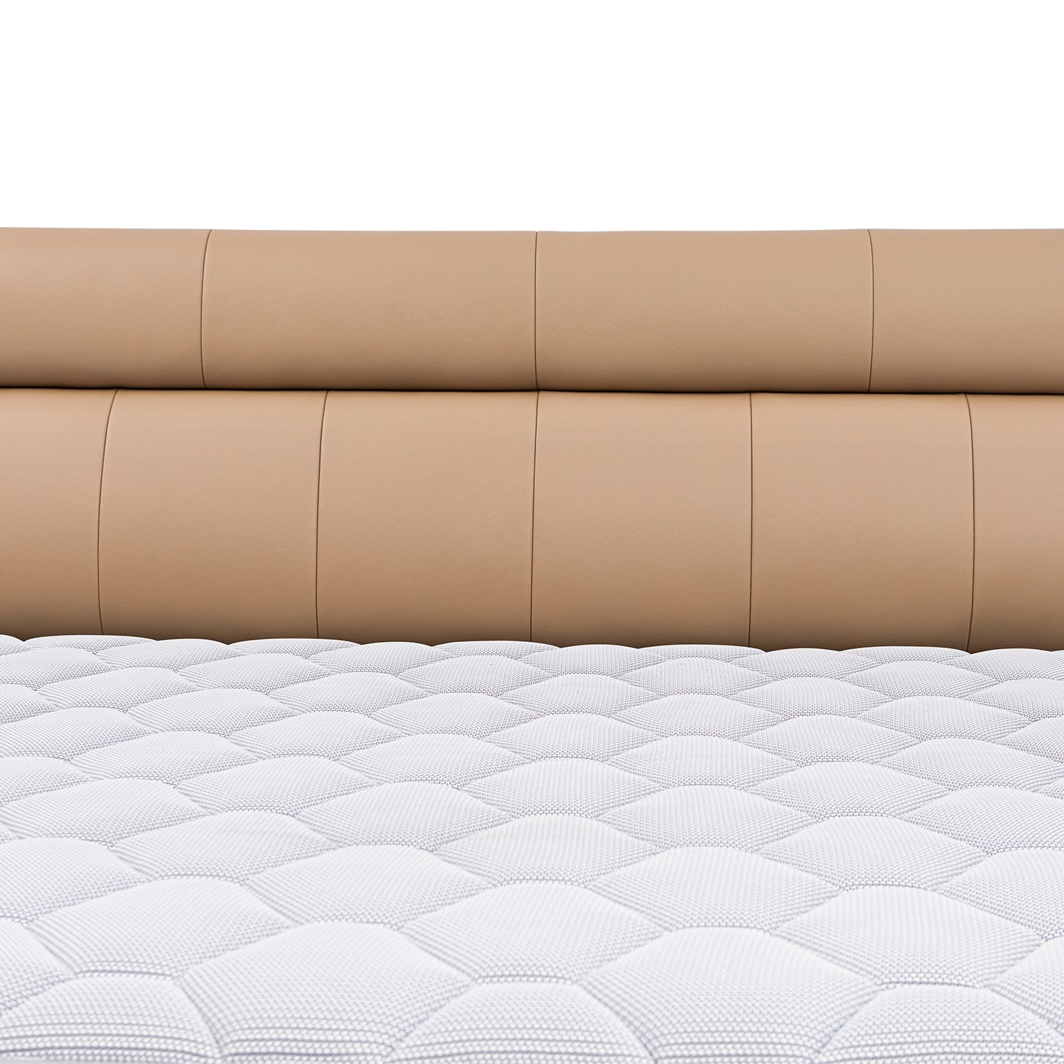 Close-up of DeRUCCI Bed Frame BOC1 - 011 showcasing a beige padded headboard and a white quilted mattress.