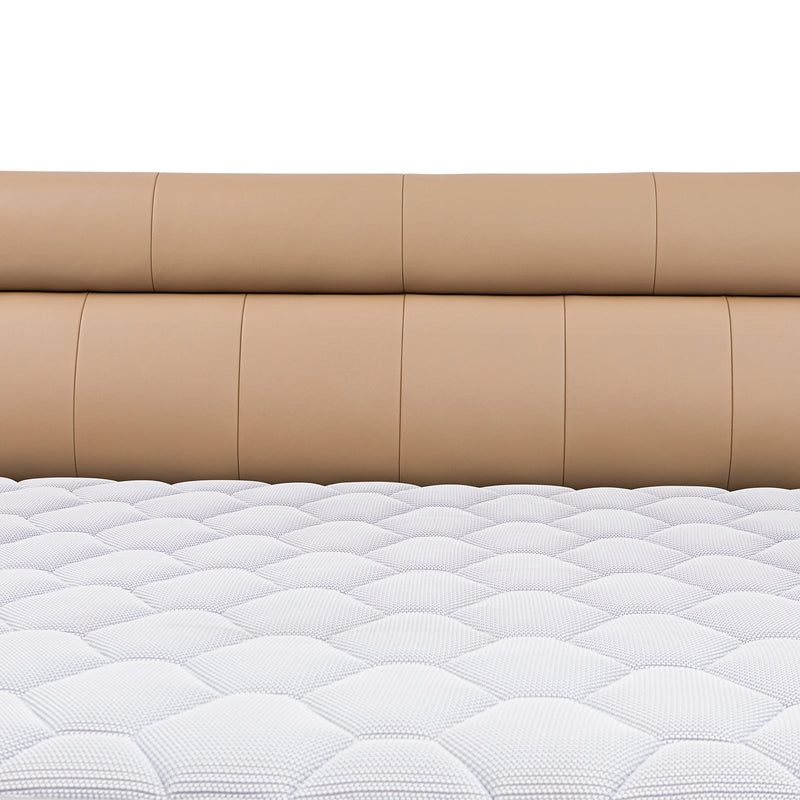 Close-up of DeRUCCI Bed Frame BOC1 - 011 showcasing a beige padded headboard and a white quilted mattress.