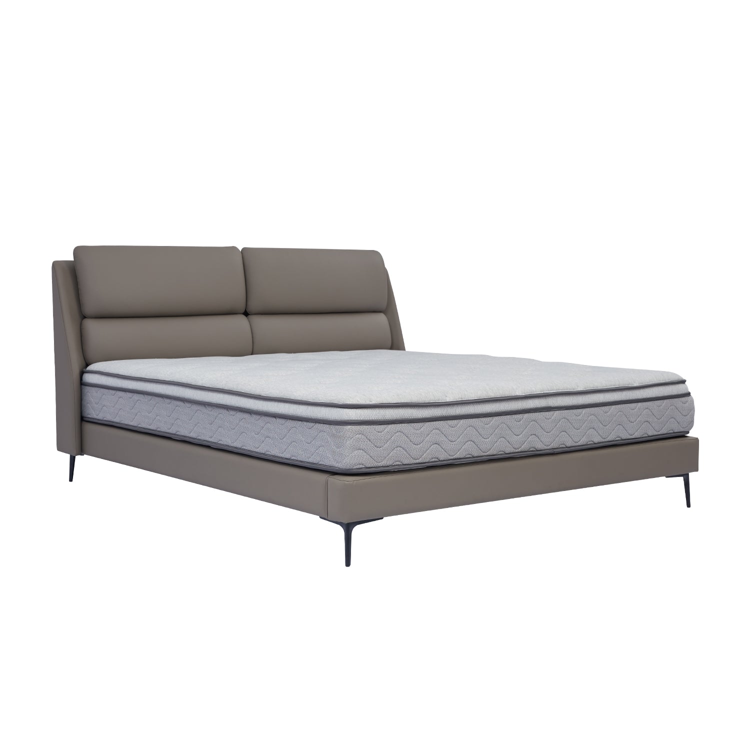 DeRUCCI Bed Frame BOC1 - 019 with grey upholstered headboard and base, comfortable mattress, and sleek metal legs suitable for a modern bedroom